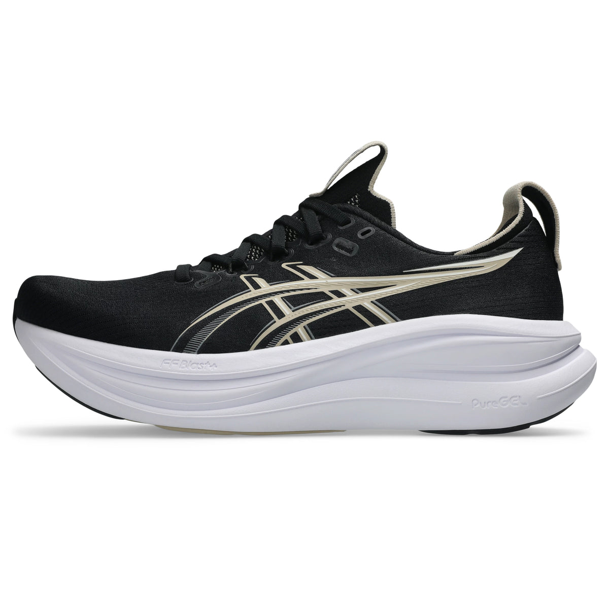 ASICS Gel-Nimbus 28 Men Wide in Black / Feather Grey — left side hero view | MotionLab