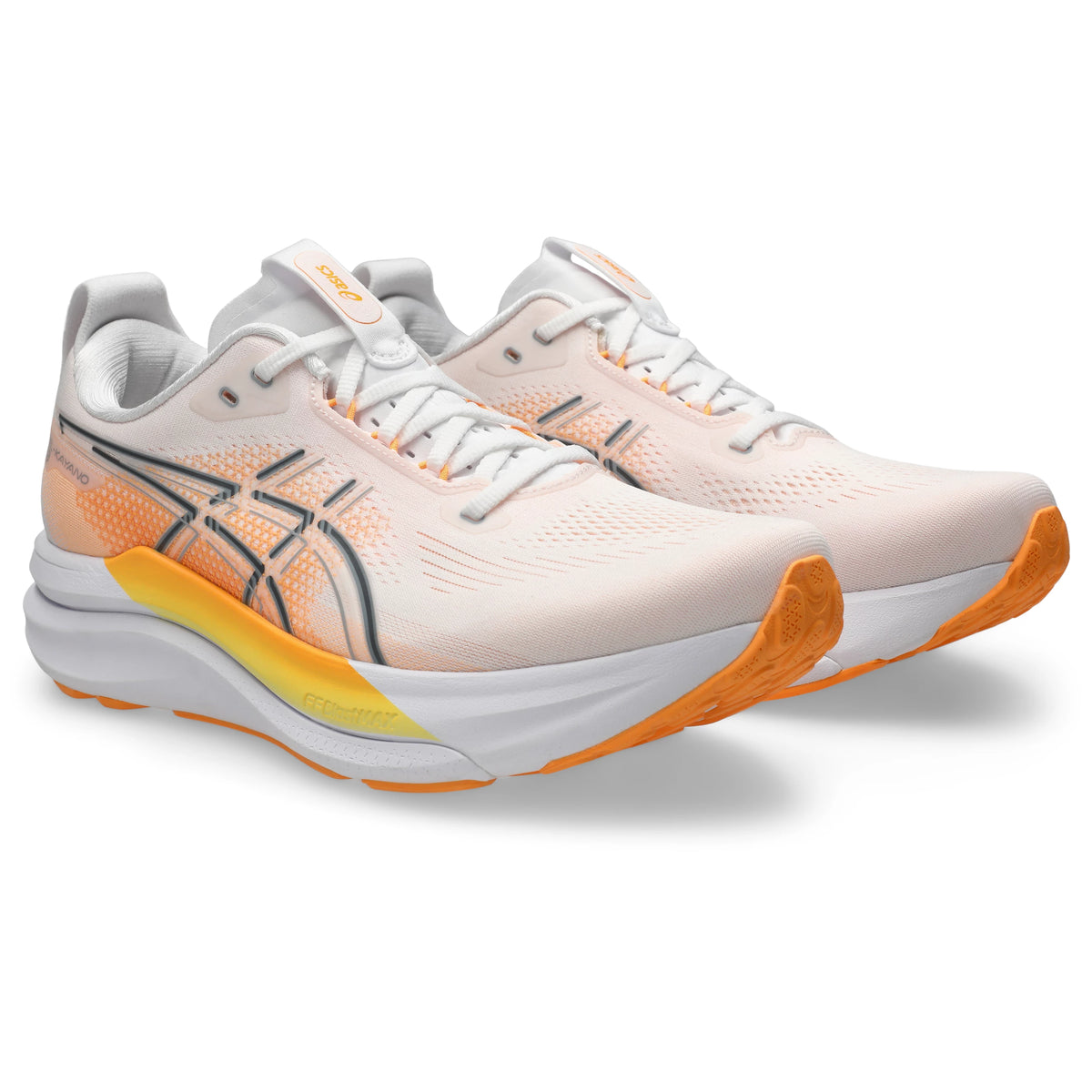 ASICS Gel-Kayano 33 Men Regular in White / Stadium Orange — front angle view | MotionLab