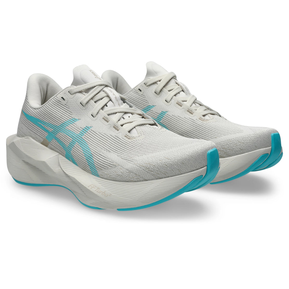 ASICS Novablast 6 Women Regular in Soft Oat / Energy Aqua — front angle view | MotionLab