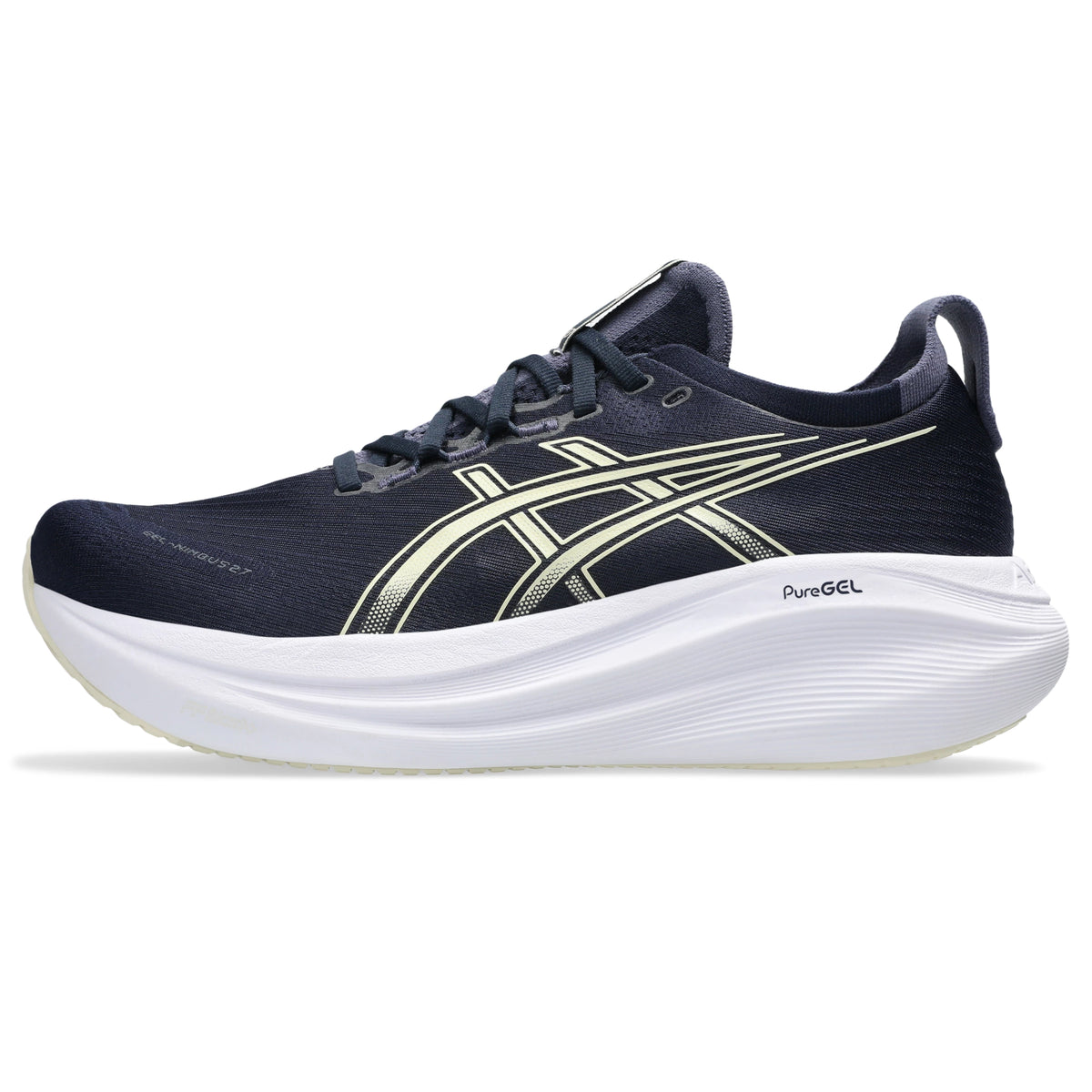ASICS Gel Nimbus 27 Men Regular in Midnight / Vanilla — left side hero view | MotionLab