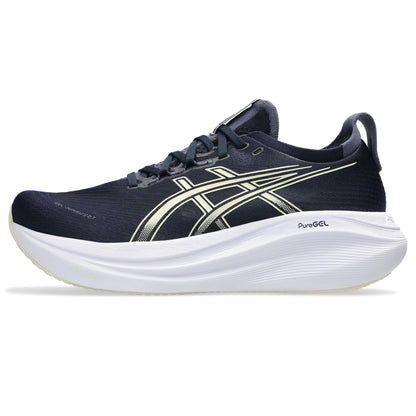 ASICS Gel Nimbus 27 Men Regular in Midnight / Vanilla — left side hero view | MotionLab