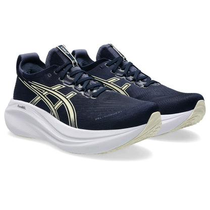ASICS Gel Nimbus 27 Men Regular in Midnight / Vanilla — front angle view | MotionLab