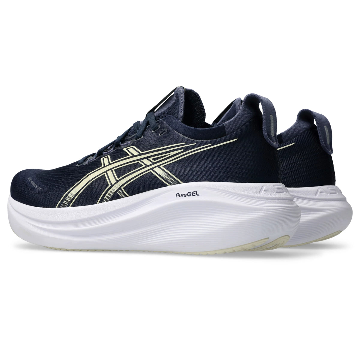 ASICS Gel Nimbus 27 Men Regular in Midnight / Vanilla — opposite front angle view | MotionLab