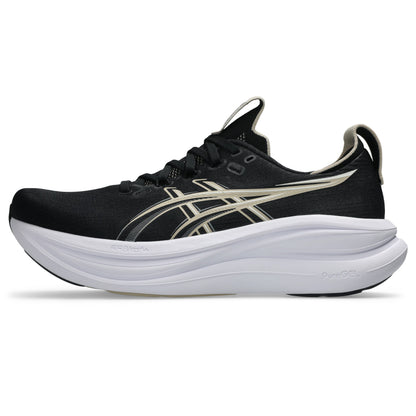 ASICS Gel-Nimbus 28 Men Wide in Black / Feather Grey — left side hero view | MotionLab