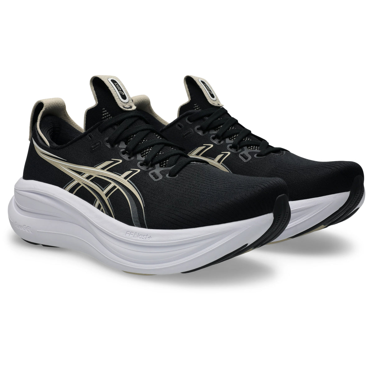 ASICS Gel-Nimbus 28 Men Wide in Black / Feather Grey — front angle view | MotionLab