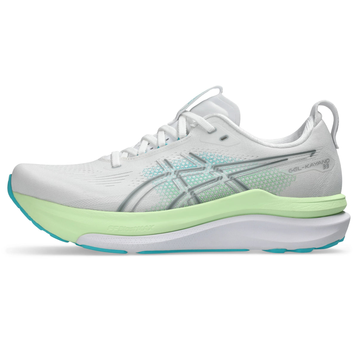 ASICS Gel-Kayano 33 Men Regular in White / Energy Aqua — left side hero view | MotionLab