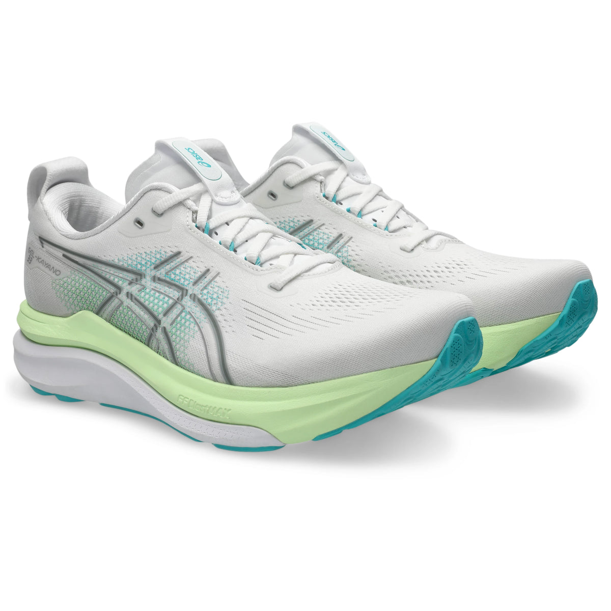ASICS Gel-Kayano 33 Men Regular in White / Energy Aqua — front angle view | MotionLab