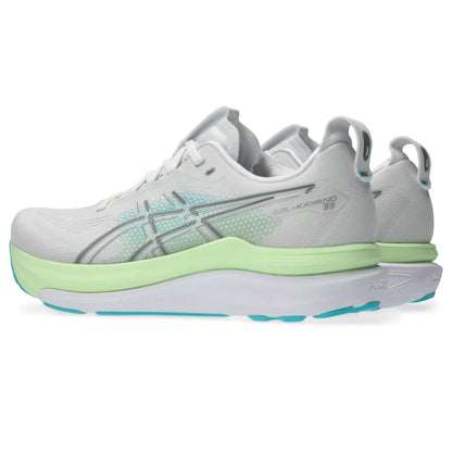 ASICS Gel-Kayano 33 Men Regular in White / Energy Aqua — opposite front angle view | MotionLab