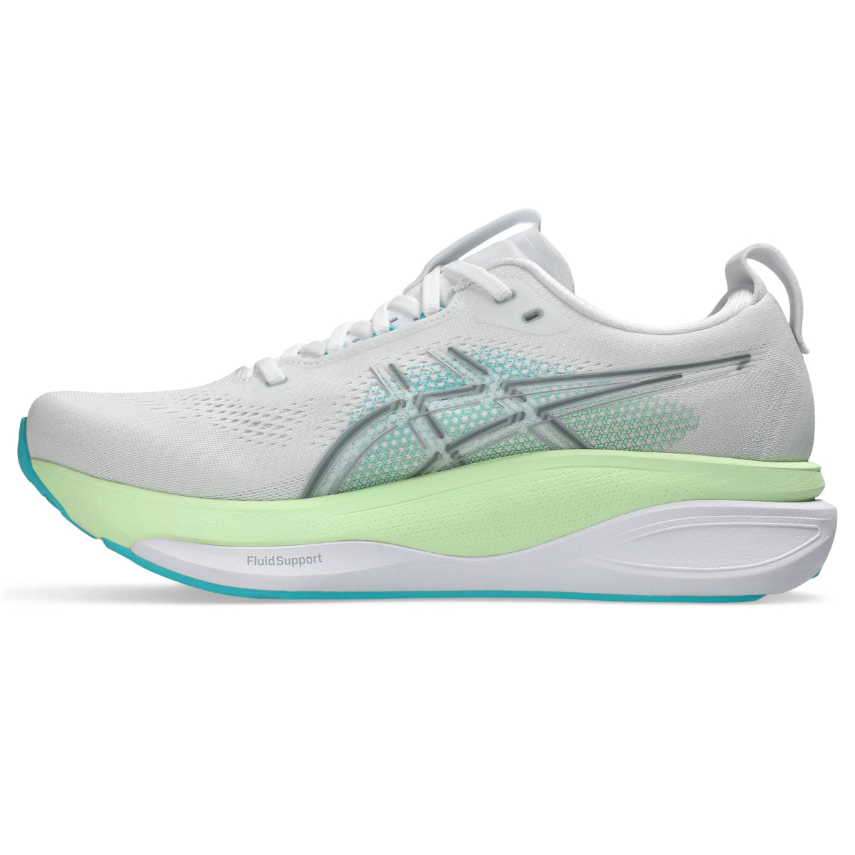 ASICS Gel-Kayano 33 Men Regular in White / Energy Aqua — right side view | MotionLab