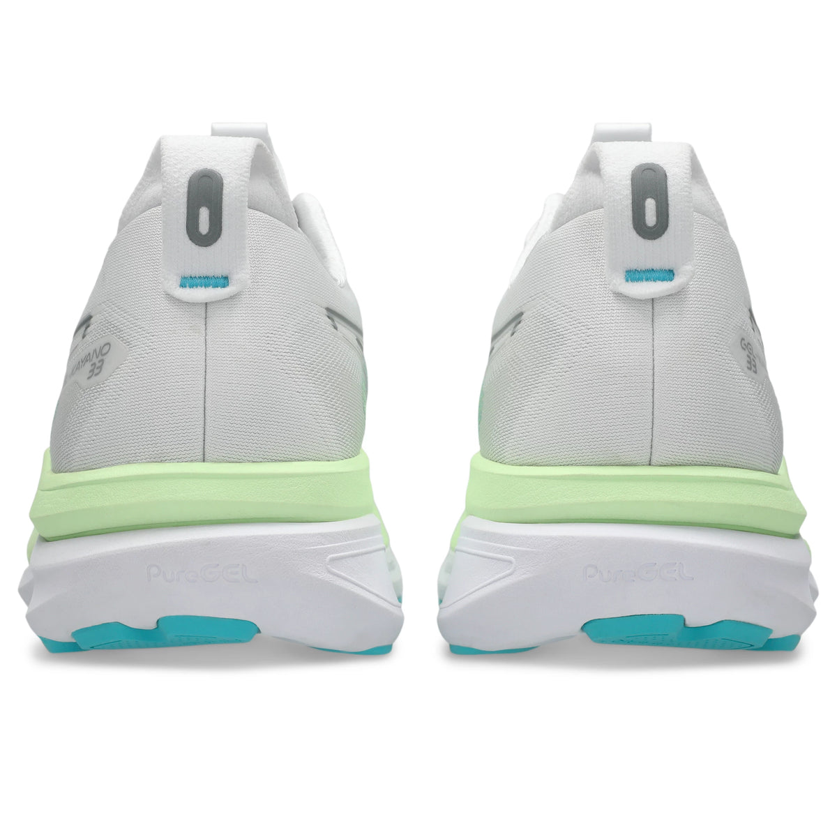 ASICS Gel-Kayano 33 Men Regular in White / Energy Aqua — back view | MotionLab