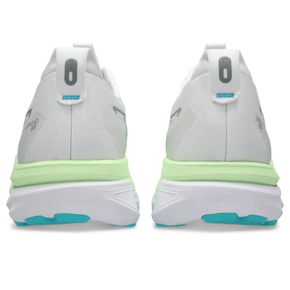 ASICS Gel-Kayano 33 Men Regular in White / Energy Aqua — back view | MotionLab