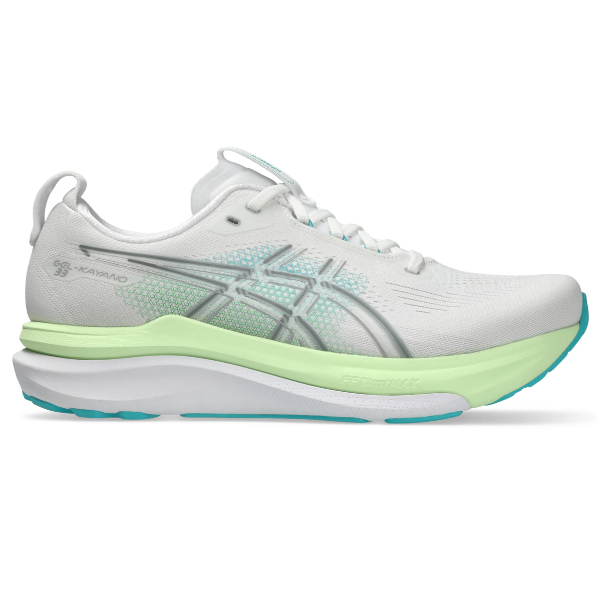 ASICS Gel-Kayano 33 Men Regular in White / Energy Aqua — opposite side view | MotionLab