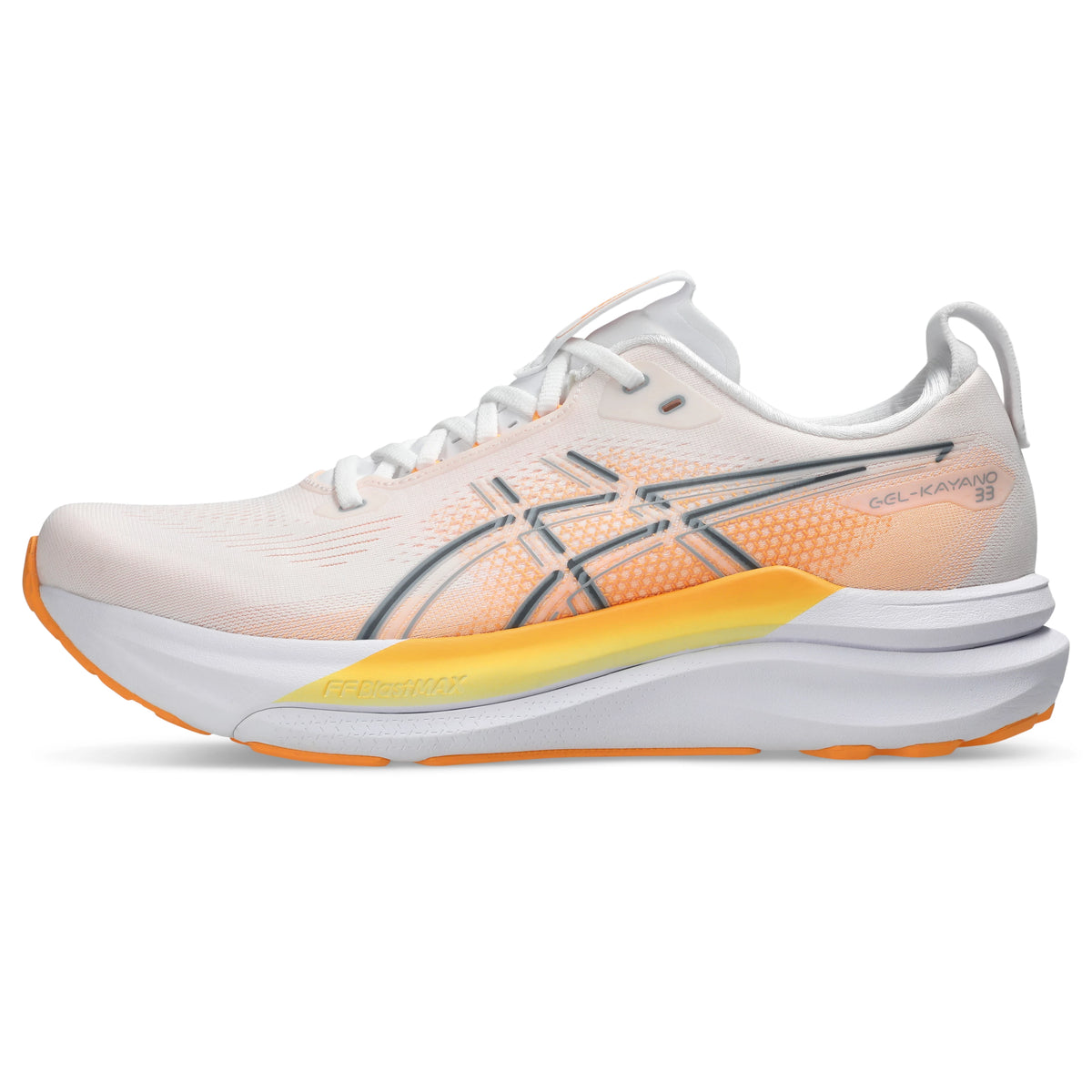 ASICS Gel-Kayano 33 Men Regular in White / Stadium Orange — left side hero view | MotionLab