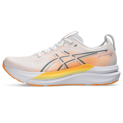 ASICS Gel-Kayano 33 Men Regular in White / Stadium Orange — left side hero view | MotionLab