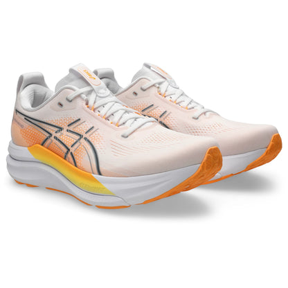 ASICS Gel-Kayano 33 Men Regular in White / Stadium Orange — front angle view | MotionLab
