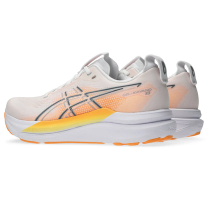 ASICS Gel-Kayano 33 Men Regular in White / Stadium Orange — opposite front angle view | MotionLab