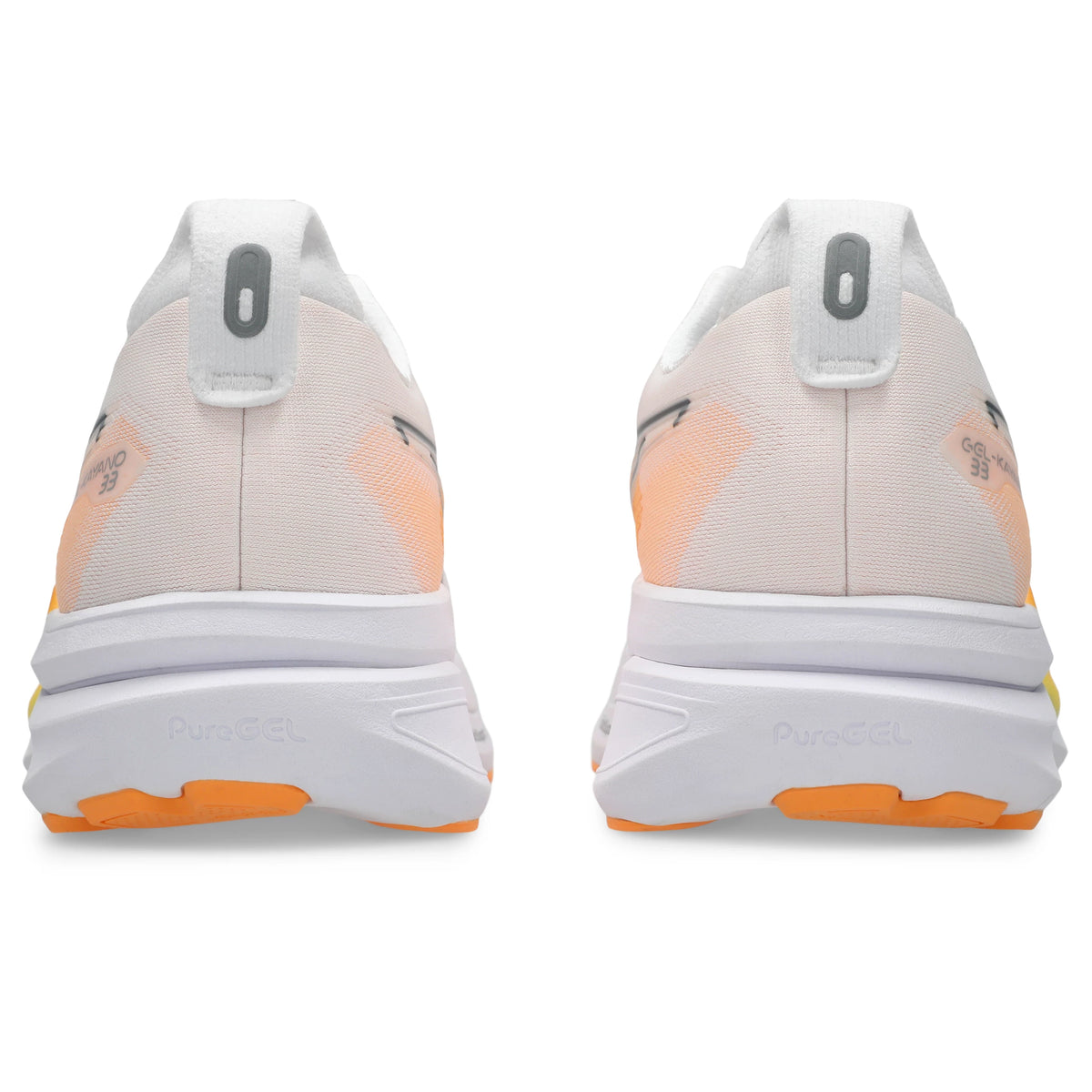 ASICS Gel-Kayano 33 Men Regular in White / Stadium Orange — back view | MotionLab