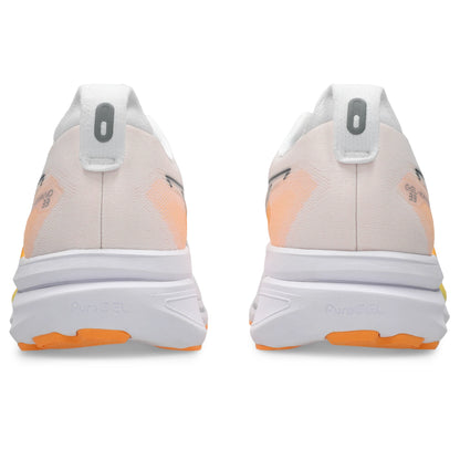 ASICS Gel-Kayano 33 Men Regular in White / Stadium Orange — back view | MotionLab