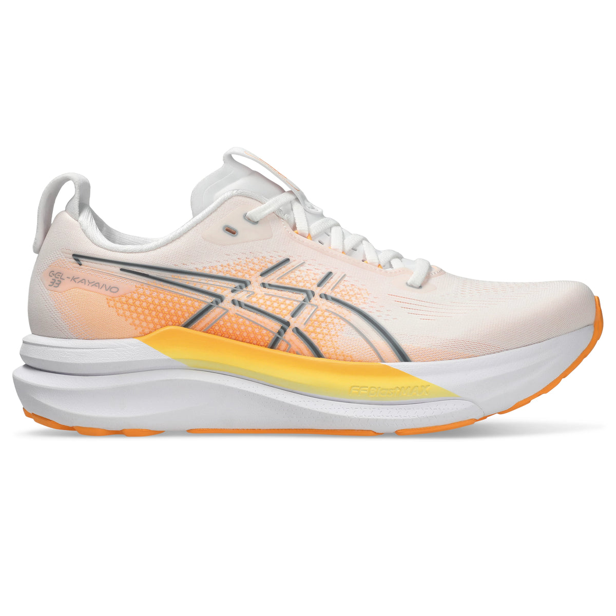 ASICS Gel-Kayano 33 Men Regular in White / Stadium Orange — opposite side view | MotionLab