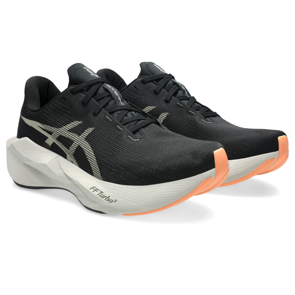 ASICS Novablast 6 Men Regular in Black / Khaki — front angle view | MotionLab