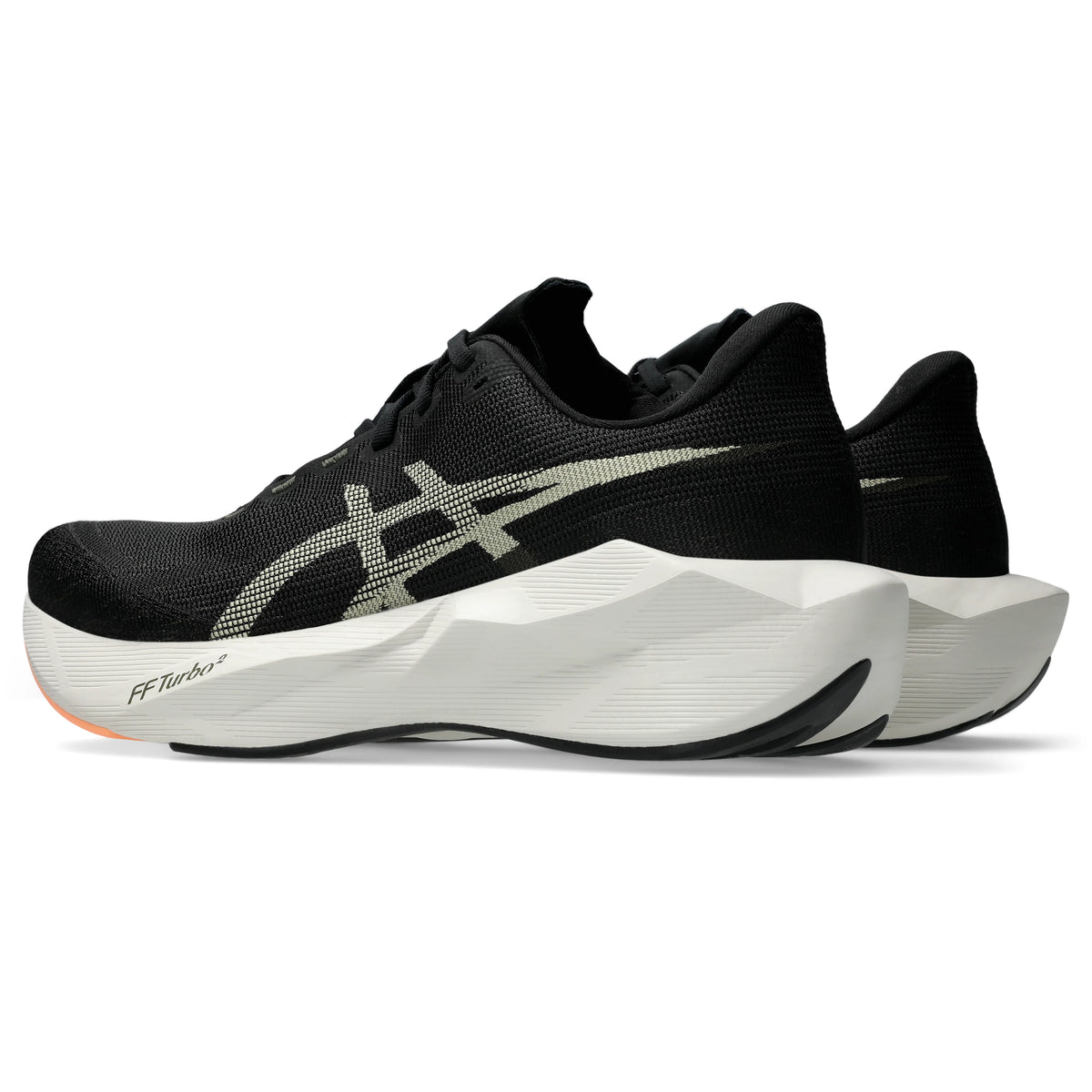 ASICS Novablast 6 Men Regular in Black / Khaki — opposite front angle view | MotionLab