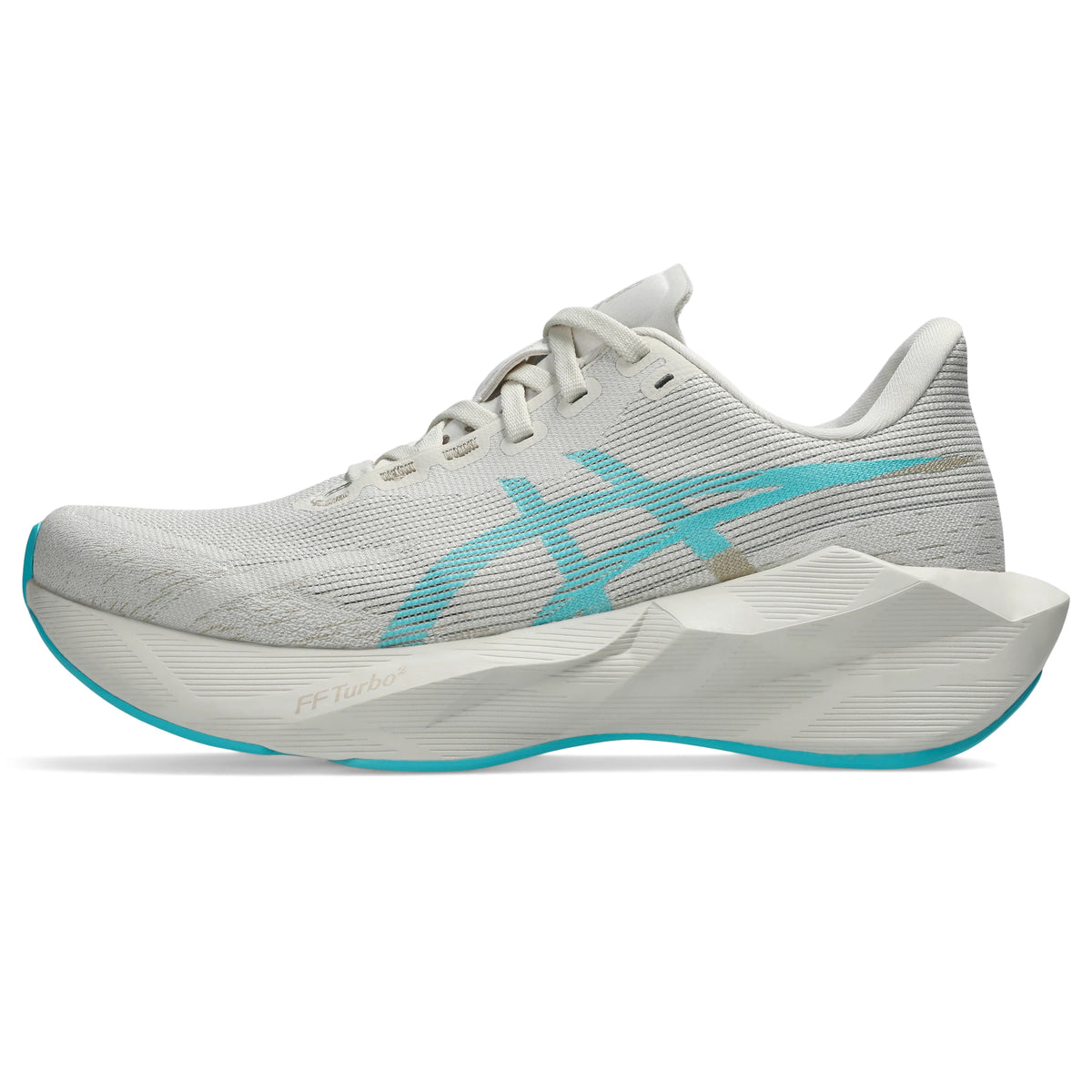 ASICS Novablast 6 Women Regular in Soft Oat / Energy Aqua — left side hero view | MotionLab