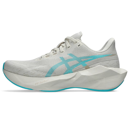 ASICS Novablast 6 Women Regular in Soft Oat / Energy Aqua — left side hero view | MotionLab