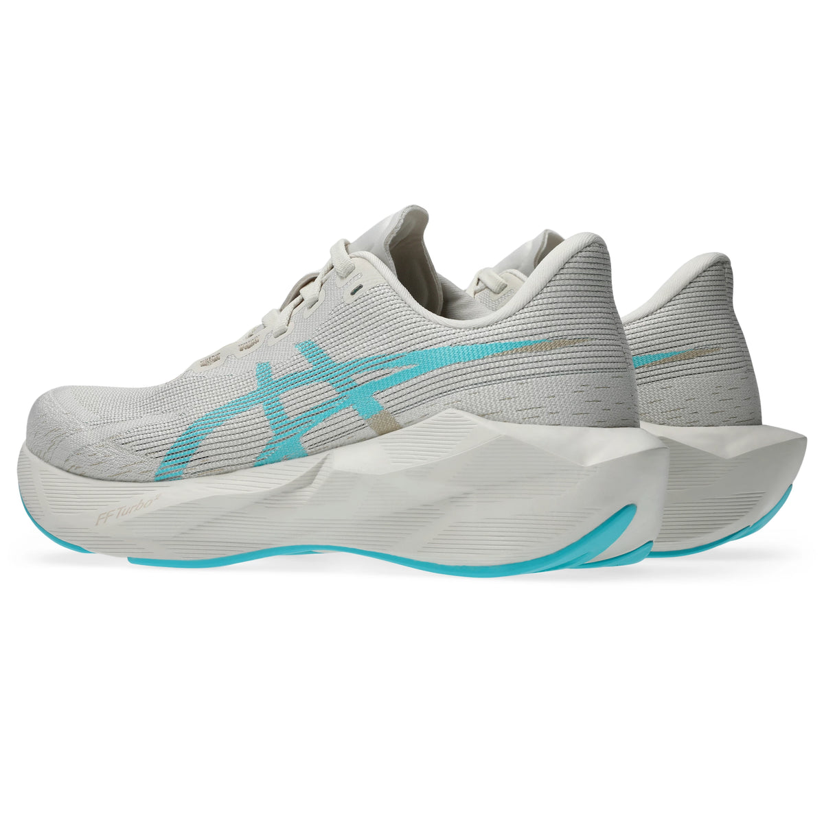 ASICS Novablast 6 Women Regular in Soft Oat / Energy Aqua — opposite front angle view | MotionLab