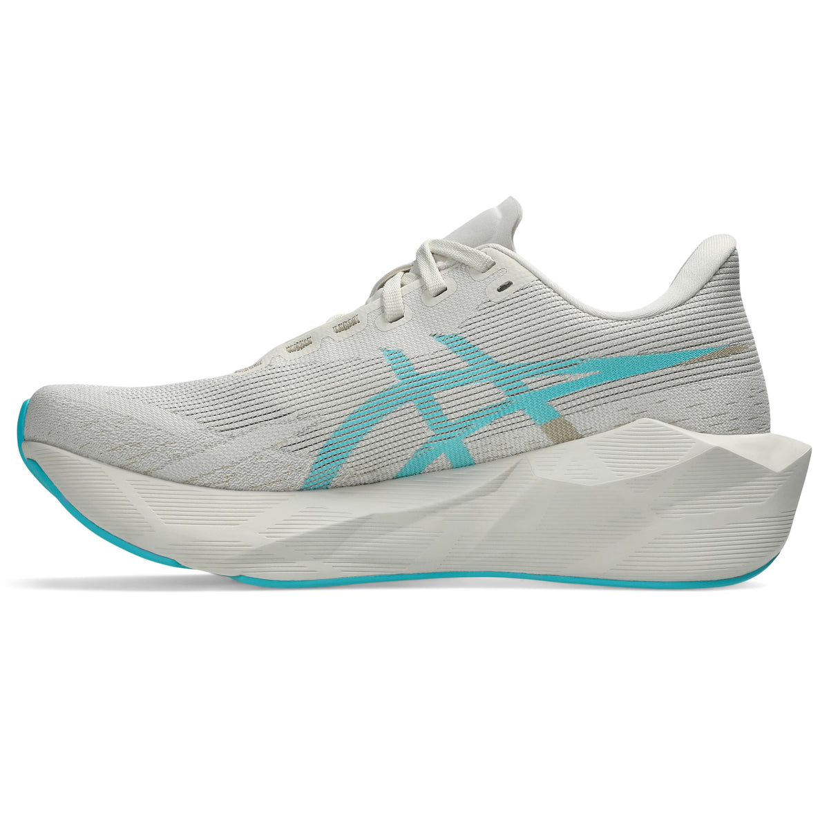ASICS Novablast 6 Women Regular in Soft Oat / Energy Aqua — right side view | MotionLab