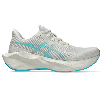 ASICS Novablast 6 Women Regular in Soft Oat / Energy Aqua — opposite side view | MotionLab
